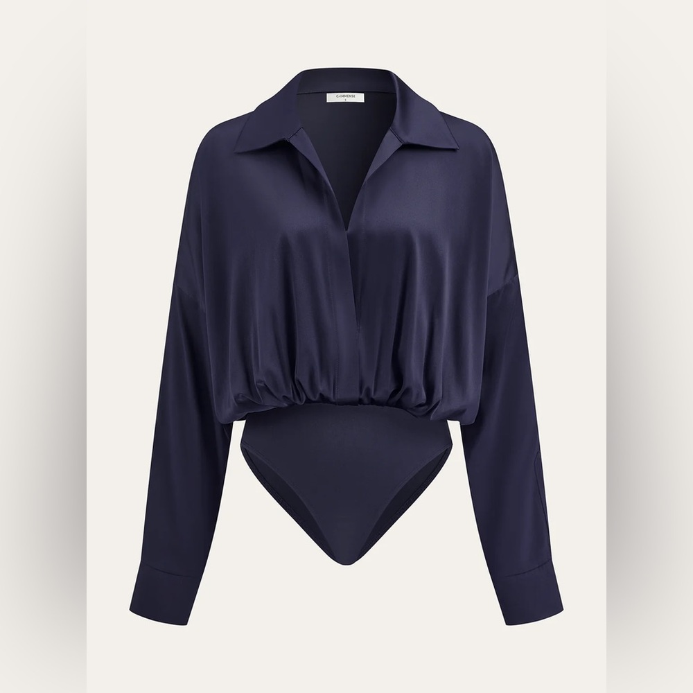 Commense Navy Satin Long-Sleeve Bodysuit